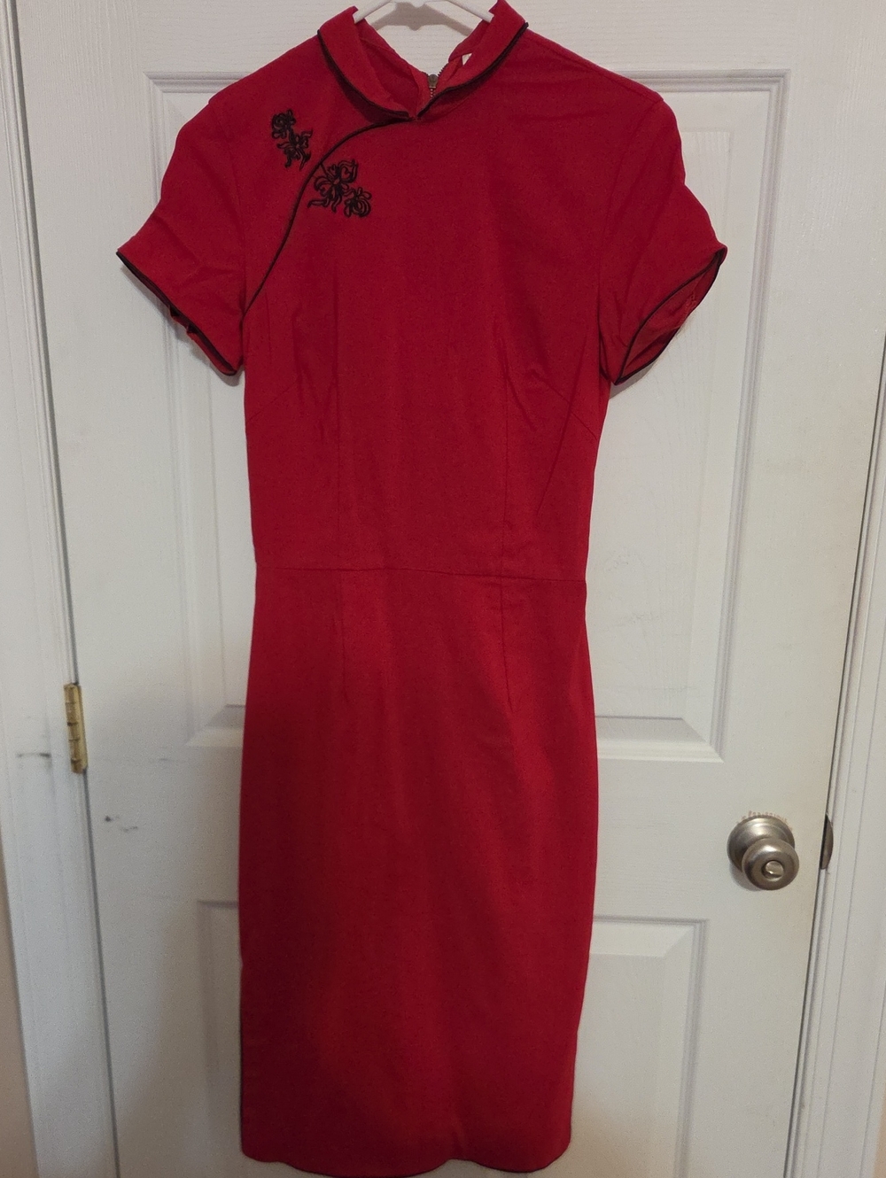 Bettie Page Red Mandarin Collar Sheath Dress with Black Trim Vintage Cocktail
